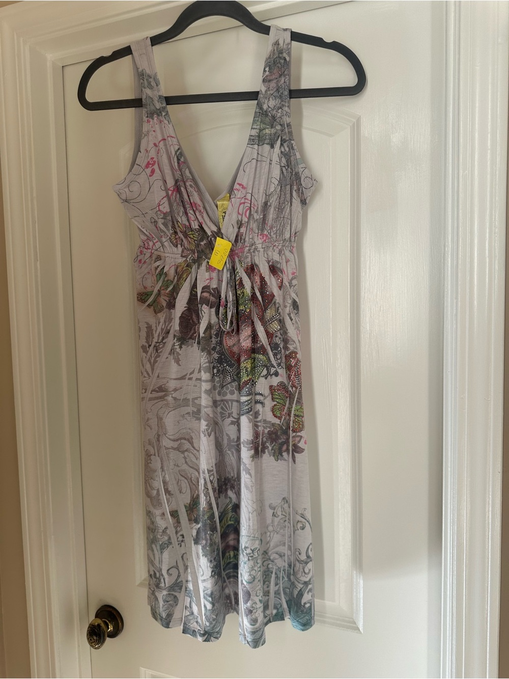 Floral V-Neck Sleeveless Midi Dress - Light Gray with Pink & Green Accents
